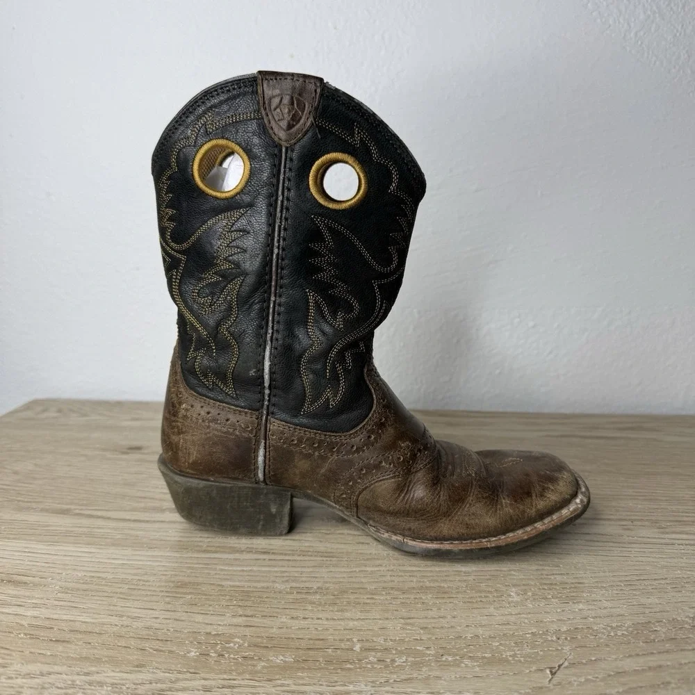 Ariat Heritage Roughstock Brown & Black Leather Western Cowboy Boots Kids Size 1